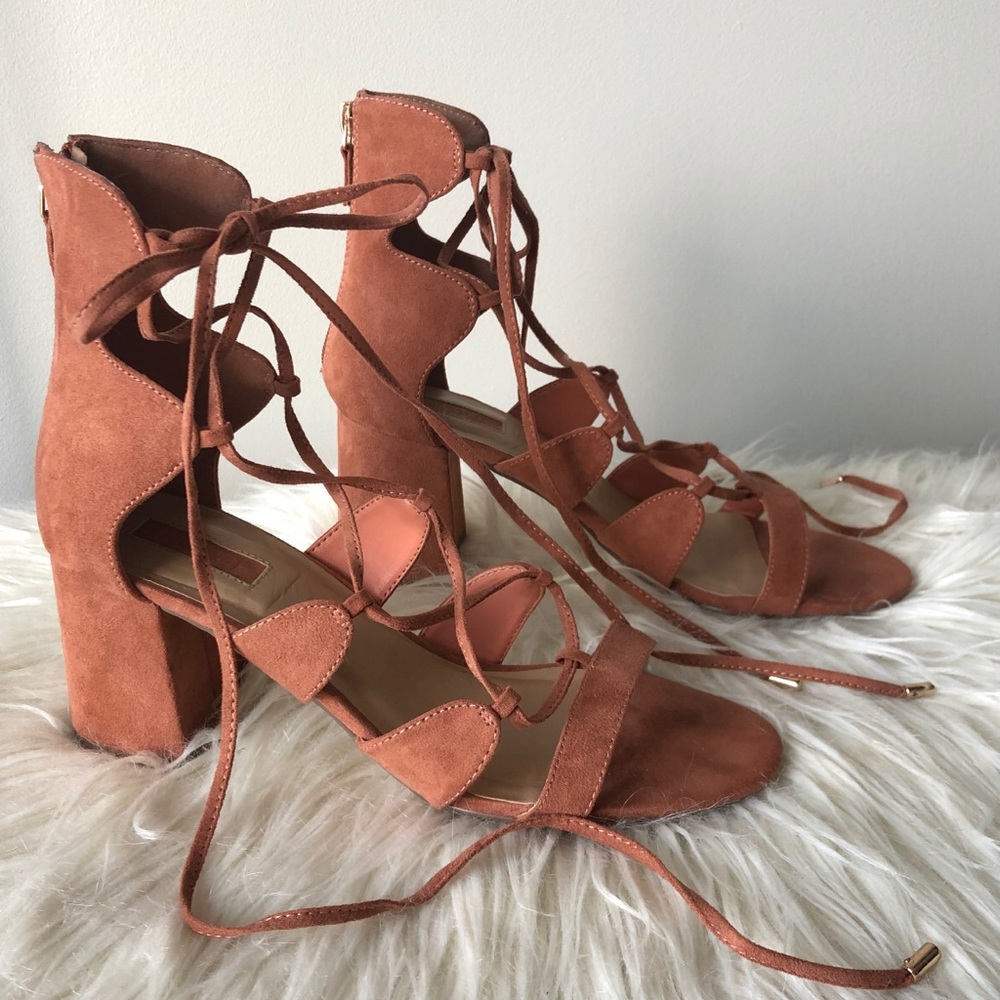 F21 Lace Up Tan Chunky Block Heel Sandals